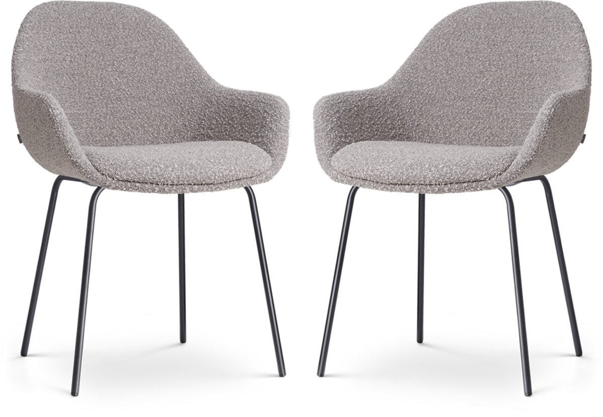 Nolon Nora-Mae Eetkamerstoelen Set van 2 Bouclé Taupe - met Armleuning - Stof - Zwart Onderstel - Design - Scandinavisch - Comfortabel Bouclé - Taupe - Zwart onderstel