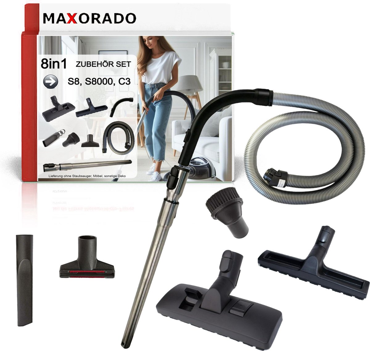MAXORADO Stofzuiger Set 8-delig - Combi vloerzuigmond + parketzuigmond + telescopische buis + handgreep + flexibele slang + meubelborstel + spleetzuigmond + meubelzuigmond - geschikt voor Miele S8, S8 Serie, C3