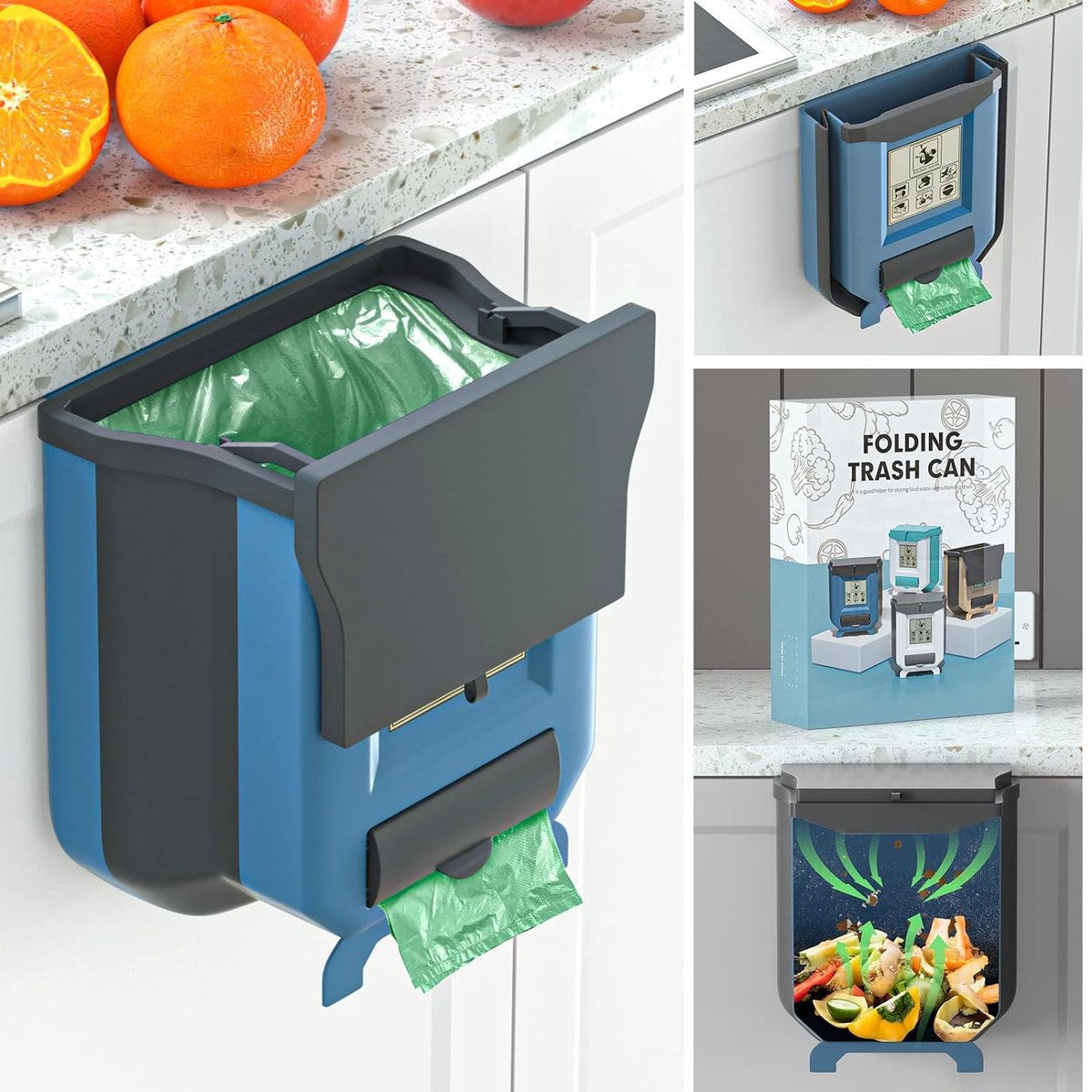 Opvouwbare hangende afvalemmer met deksel, keuken, camping, opvouwbare afvalemmer, keuken, afvalemmer, ophangbaar voor keuken/camping/auto/badkamer/kantoor/slaapkamer (blauw)