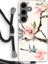 Case Company® - Hoesje met koord geschikt voor Samsung Galaxy S24 hoesje met Koord - Japanse bloemen - Telefoonhoesje met Zwart Koord - Bescherming aan alle Kanten en Over de Schermrand