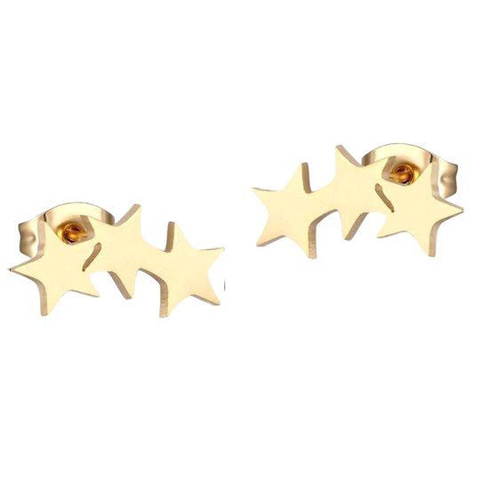Aramat Jewels - Sterren Serie - Oorknopjes - Goudkleurig - 3 Sterren - Chirurgisch Staal - 10mm x 4mm - Elegante oorsieraden - Gouden metaal - Oorbellen - Chic - Uniseks - Cadeau tip - Feestdagen