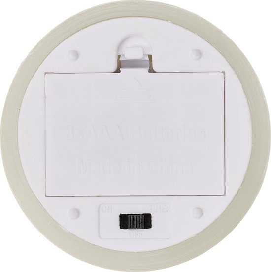 Onderkant van een witte led kaars met batterijvak en timer (aan/uit/timer)