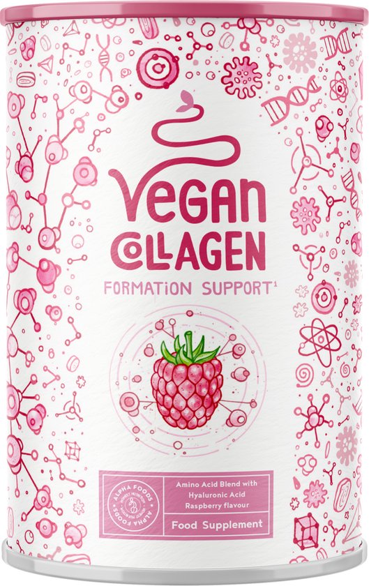 Alpha Foods Vegan Collageen poeder Formation Support met Hyaluronzuur en Vitamine C - Collagen supplement ondersteunt huid, haar en nagels, 400 gram, Framboos smaak