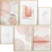 Posters - meerdelige wandafbeeldingen voor de woonkamer en slaapkamer - kunstwerk afbeeldingen set om in te lijsten - 6 kamers decoratieve wandposter zonder lijst - grootte 4x A3 + 2x A4 (roze)