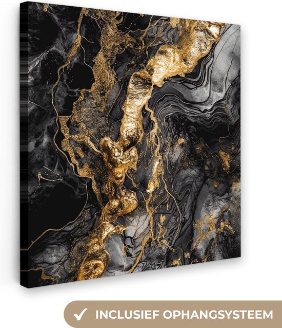 Canvas schilderij 50x50 cm - Marmer zwart goud - Kamer decoratie accessoires - Schilderijen woonkamer - Zwarte wanddecoratie slaapkamer - Gouden muurdecoratie keuken - Wanddoek interieur binnen - Woondecoratie huis