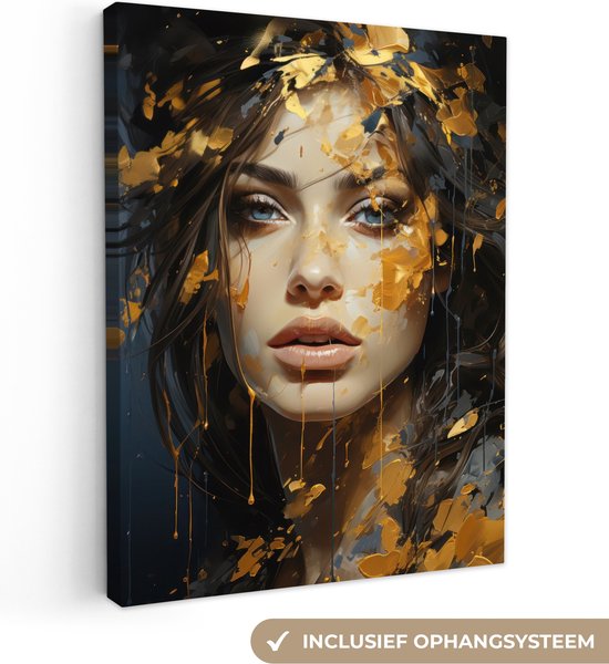 Canvas Schilderij 90x120 cm - Vrouw - Portret - Abstract - Kunst - Goud - Wanddecoratie slaapkamer - Muurdecoratie woonkamer - Kamer decoratie - Wanddoek interieur binnen - Vrouwen schilderijen