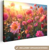 Canvas Schilderij 30x20 cm - Bloemen - Rozen - Natuur - Roze - Bloem - Wanddecoratie woonkamer - Muurdecoratie keuken - Slaapkamer decoratie - Schilderijen - Woonaccessoires