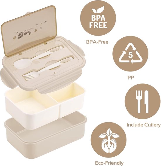 LUZOON Lunchbox voor volwassenen en kinderen, 1400 ml, met 3 vakken, incl. bestek, de