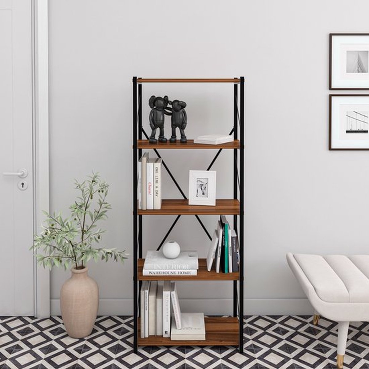Soph&Tess Boekenkast - Opbergrek Met 4 Planken - Woonkamer - Slaapkamer 24 x 39 x 150 cm - Bruin / Zwart - Open Planken - Voor Kantoor
