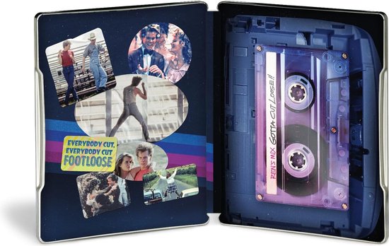 De open steelbook van Footloose 4K UHD + Blu-ray, met filmstills en een paarse cassettebandje.