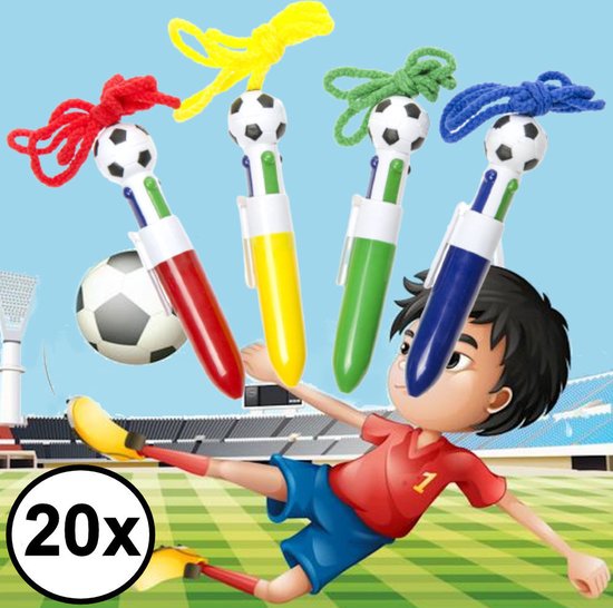 Decopatent® Uitdeelcadeaus 20 STUKS Voetbal Pennen met 4 Kleuren aan Koord - Traktatie Uitdeelcadeautjes voor kinderen - Speelgoed
