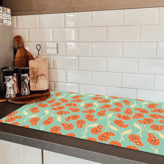 KitchenYeah® Inductie beschermer 91.6x52.7 cm - Retro - Bloemen - Design - Oranje - Kookplaataccessoires - Afdekplaat voor kookplaat - Inductiebeschermer - Inductiemat - Inductieplaat mat