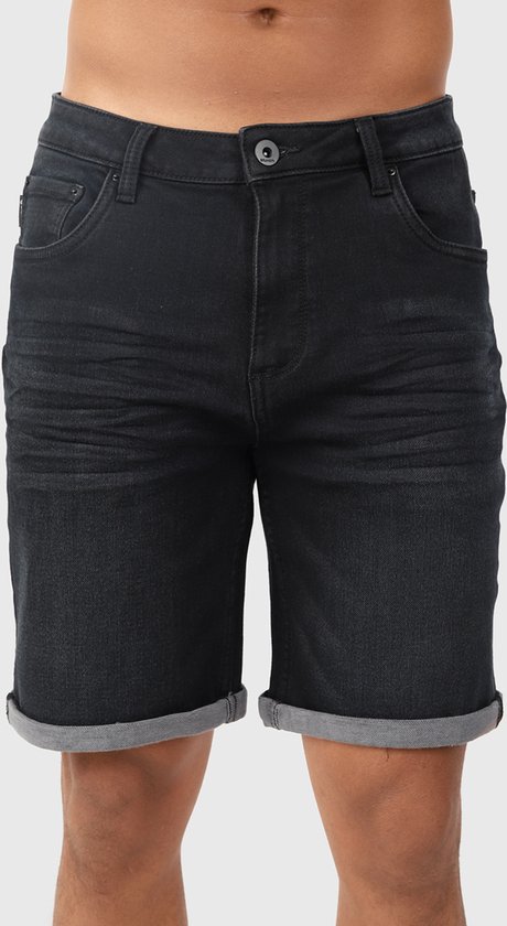 Donkergrijze denim shorts met opgerolde zoom.