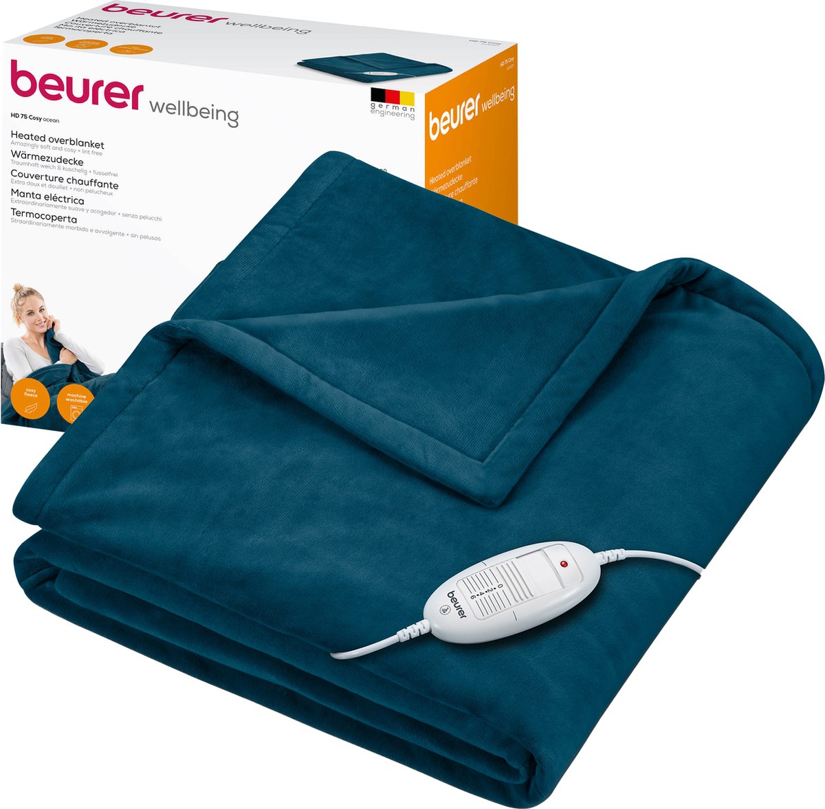 Afbeelding 3 van Beurer HD 75 Warmtedeken - Test: zeer goed - 180 x 130 cm - 6 Warmtestanden - Luxe elektrische bovendeken - Automatische uitschakeling - Fleece - Machinewasbaar - 3 Jaar garantie - Oceaanblauw