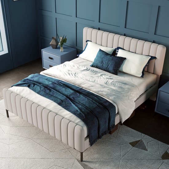 Sweiko Gestoffeerd bed Tweepersoonsbed 180 x 200 cm, Bedframe met lattenbod en verstelbaar hoofdeinde, Gewatteerd bed in grijs-beige, Bedframe Jeugdbed voor slaapkamer Gastenkamer linnenmateriaal
