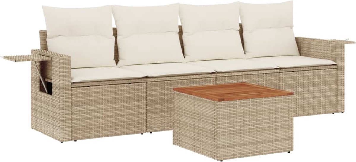 vidaXL 5-delige - Loungeset - met - kussens - poly - rattan - beige