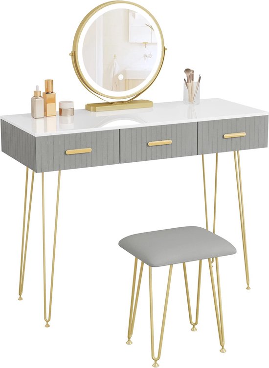 Kaptafel met rechthoekige spiegel, kaptafel met spiegel en LED-verlichting, make-upspiegel, 3 verlichtingskleuren, make-uptafel met 2 laden (wit Kaptafel met rechthoekige spiegel, kaptafel met spiegel en LED-verlichting, make-upspiegel, 3 verlichtingskleuren, make-uptafel met 2 laden (wit
