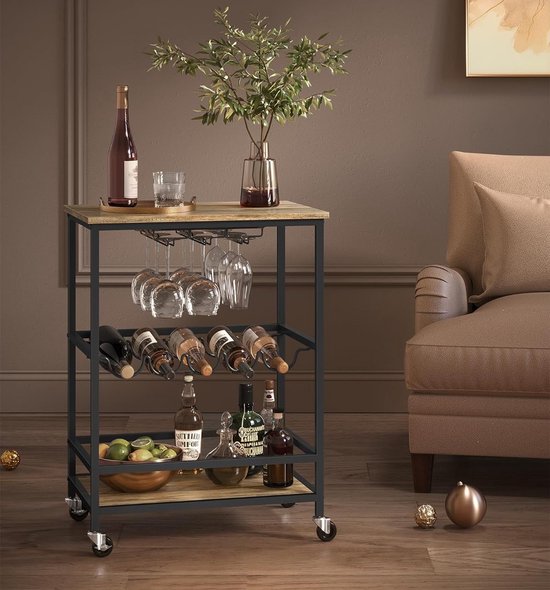 Houten Bar Winkelwagen met Wijnrek Opslag en Afsluitbare Wielen 3 Tier Trolley Hotel Service Cart voor Hotels en Bars Stevige Rolling Cart voor Keuken Zilveren Kleur