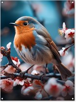 Tuinposter roodborstje - Tuindecoratie vogels - 90x120 cm - Wanddecoratie voor buiten - Vogel op een kersenbloesem tak - Schutting decoratie - Buitenposter - Schuttingdoek - Tuindoeken - Tuin doek - Balkon poster