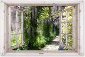 Tuinposter doorkijk - Wit raam - Tuindecoratie blauwe regen - 120x80 cm - Tuinschilderij voor buiten - Tuindoek - Wanddecoratie tuin - Schuttingdoek - Balkon decoratie groen - Muurdecoratie - Buitenschilderij