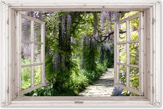 Tuinposter doorkijk - Wit raam - Tuindecoratie blauwe regen - 120x80 cm - Tuinschilderij voor buiten - Tuindoek - Wanddecoratie tuin - Schuttingdoek - Balkon decoratie groen - Muurdecoratie - Buitenschilderij