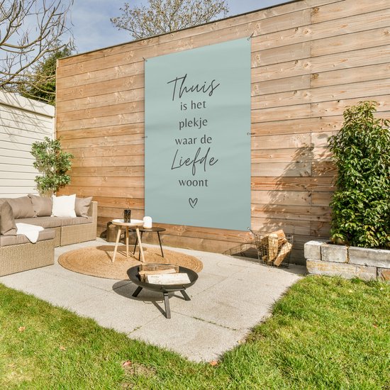 Affiche de jardin 120x180 cm - Décoration de jardin - Citation - Maison - Amour - Blauw - Texte - Coeur - Affiche pour le jardin - Décoration extérieure - Peinture de jardin de clôture - Décoration murale - Toile de jardin - Affiche extérieure
