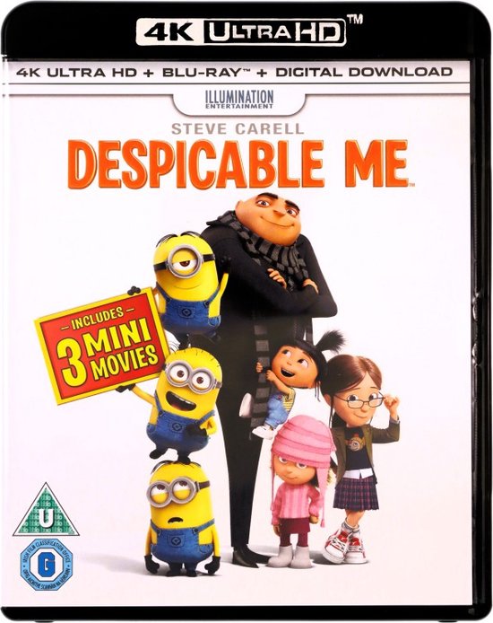 4K Ultra HD Blu-ray hoes met Gru en drie Minions, die een bord met '3 Mini Movies' vasthouden.