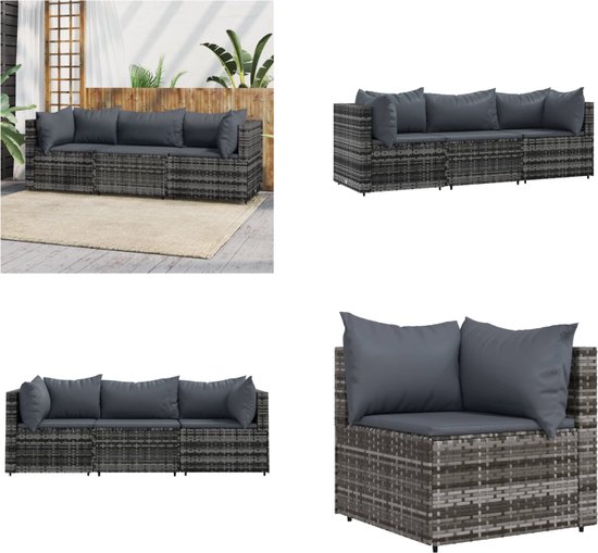 vidaXL Salon de jardin 3 pièces avec coussins, poly rotin gris
