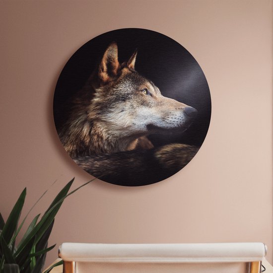 Cercle mural Artaza Forex Tête de loup avec un rayon de soleil - Loup - 70x70 cm - Cercle mural - Peinture ronde - Décoration murale Cercle - Décoration murale