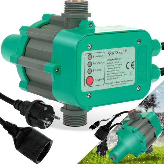 Groene en grijze elektronische drukschakelaar met stroomkabels.