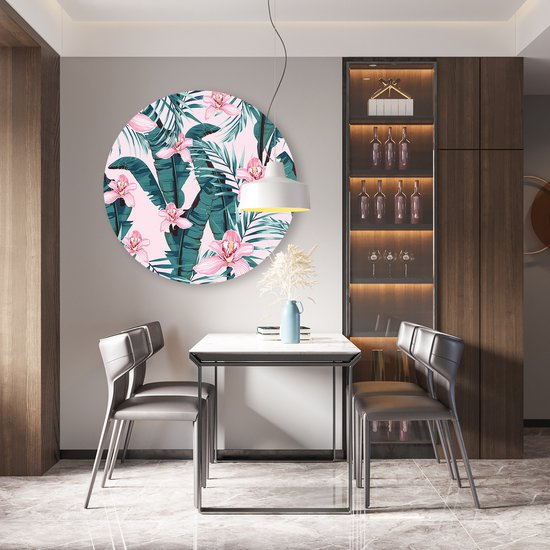 Cercle mural Artaza Forex Fleurs d'été roses tropicales avec feuilles - 90 x 90 cm - Groot - Cercle mural - Peinture ronde - Décoration murale