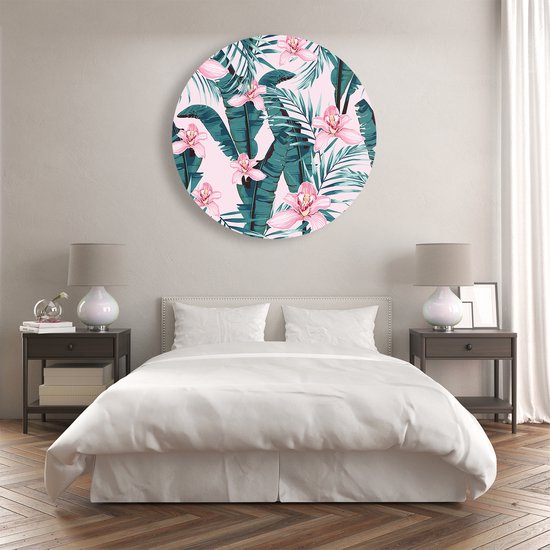 Cercle mural Artaza Forex Fleurs d'été roses tropicales avec feuilles - 90 x 90 cm - Groot - Cercle mural - Peinture ronde - Décoration murale