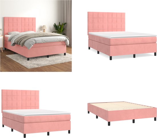 vidaXL Boxspring avec matelas Velours Rose 140x190 cm - Boxspring - Sommiers - Lit - Meubles de couchage