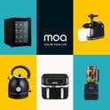 Collage met keukenapparatuur van MOA: wijnkoelkast, sapcentrifuge, waterkoker, airfryer, blender.