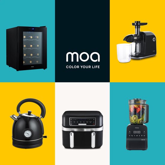 Collage met keukenapparatuur van MOA: wijnkoelkast, sapcentrifuge, waterkoker, airfryer, blender.
