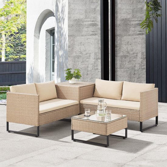 Juskys Loungeset / Tuinset Santorini - Polyrotan - Modulair - Crème - Incl. Tafel & Opbergbox