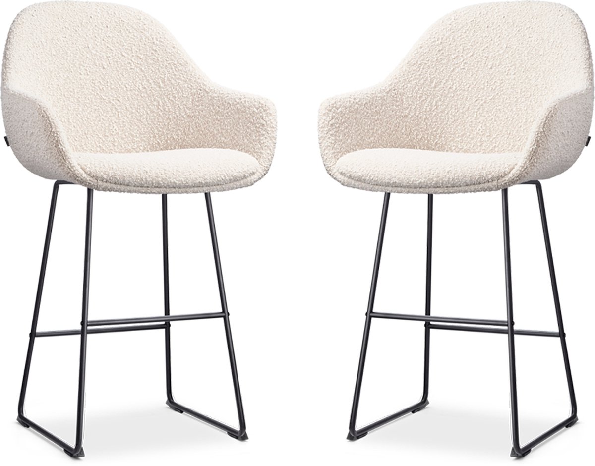 Nolon Nino-Mae Barkrukken Set van 2 Bouclé Beige - Zwart Onderstel - 65 cm - Stof - Voor Kookeiland - met Rugleuning - Design - Scandinavisch - Comfortabel