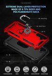 Explosie van een rood en zwart telefoonhoesje met dubbele laag, TPU en polycarbonaat, metalen ring en patch.