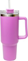 Drinkfles met handvat en rietje - tumbler - fuchsia - drinkbeker - 1.2 liter - bekend van TikTok - thermosbeker - thermosfles - travel mug - influencer - cadeau - Stanley lookalike