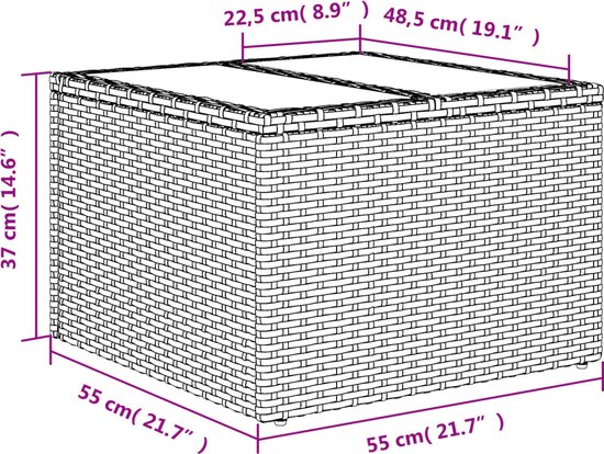 Table basse noire en poly rotin avec dessus en verre, 55 cm x 55 cm x 37 cm.