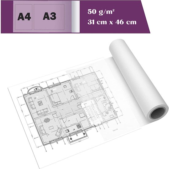 Tritart Transparant kopieer Papier Rol A4 - Tekenpapier Patroonpapier - Transparante voor Schets of Naaipatroon van 40 cm x 50 m 50 g/m Papierrol - Tritart