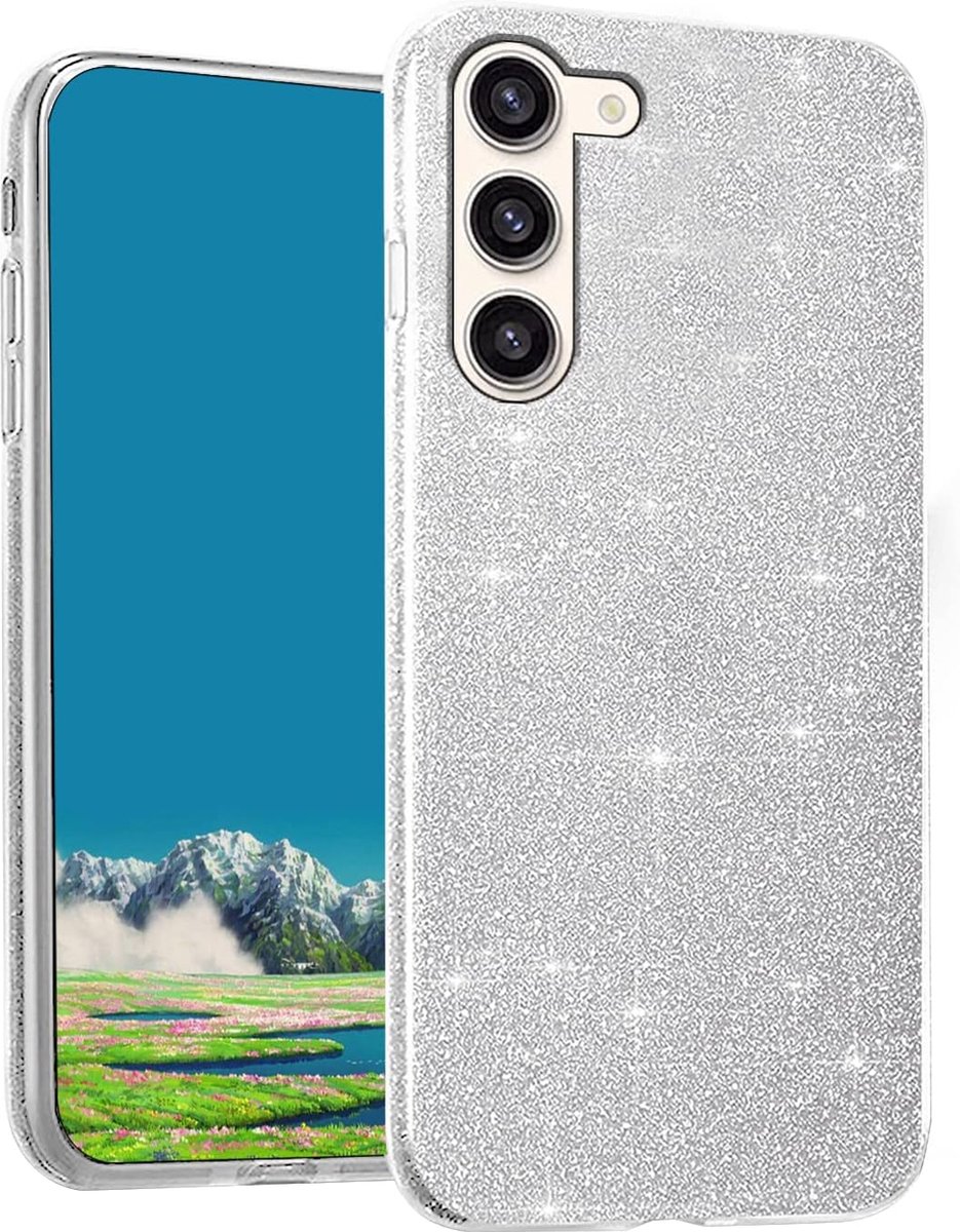 Casemania Hoesje Geschikt voor Samsung Galaxy S24 Plus - Zilver - Glitter Back Cover