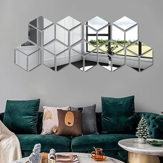 24 stuks zelfklevende 3D acryl wandspiegel, 14 x 8 cm, afneembare driehoekige doe-het-zelf spiegelstickers, tegelstickers, voor woonkamer, slaapkamer, huis (zilver)