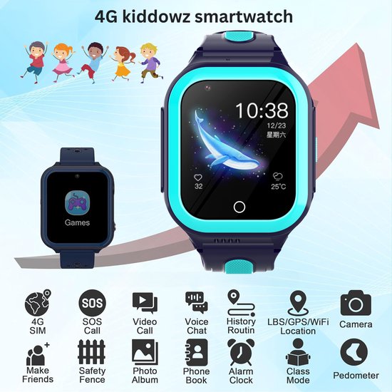 Kiddowz 4G Smartwatch kinderen met GPS Tracker - Kinderhorloge - 5 t/m 12 jaar - met belfunctie, videobellen, stappenteller en meer - Blauw - Groen - Kiddowz