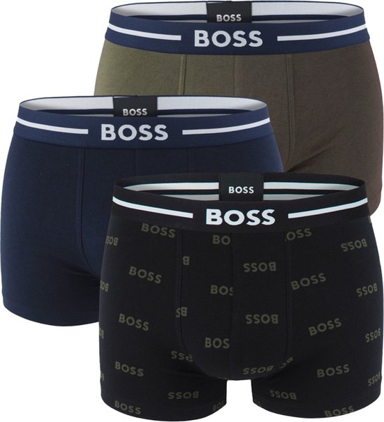 HUGO BOSS Bold trunks (3-pack) - heren boxers kort - blauw - olijfgroen - zwart met logoprint - Maat: S