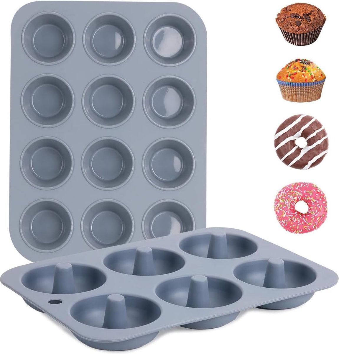 Muffinvorm siliconen voor 12 muffins & 6 donuts bakvorm, siliconen bakvorm 2 stuks, hoogwaardige bakvorm met uitstekende warmtegeleiding BPA-vrij voor cupcakes, brownies, cake, pudding,