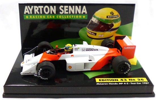 De 1:43 Diecast modelauto van de McLaren Honda MP4/3 Test Car van 1987. De bestuurder was Ayrton Senna. De fabrikant van dit schaalmodel is Minichamps. Dit model is alleen online beschikbaar.