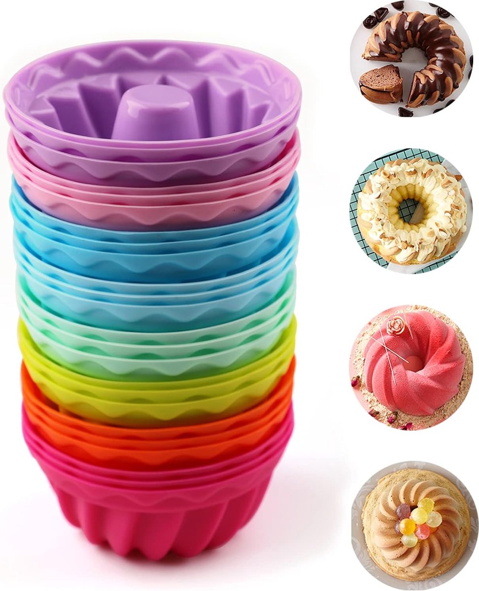 Mini tulbandvorm, siliconen, 24 stuks, herbruikbare muffinvormpjes, cupcake, kleine cakevorm, diameter 6,5 cm, hoogte 3,5 cm, 8 kleuren