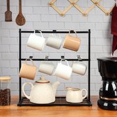 Koffie Mok Rek Houder met Opslag Basis - 40 x 15 x 41 cm - Mok/Kop Balie Standaard met 14 Haken - Metalen 2 Laags Organizer boom voor Keuken of Thee/Koffie Bar
