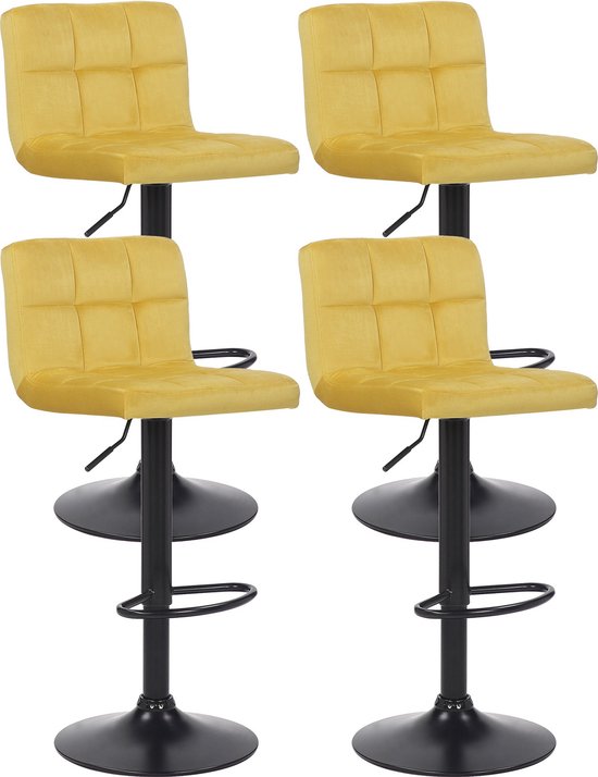 CLP Feni Set van 4 barkrukken - Met rugleuning - Verstelbaar - Velvet - Fluweel - geel